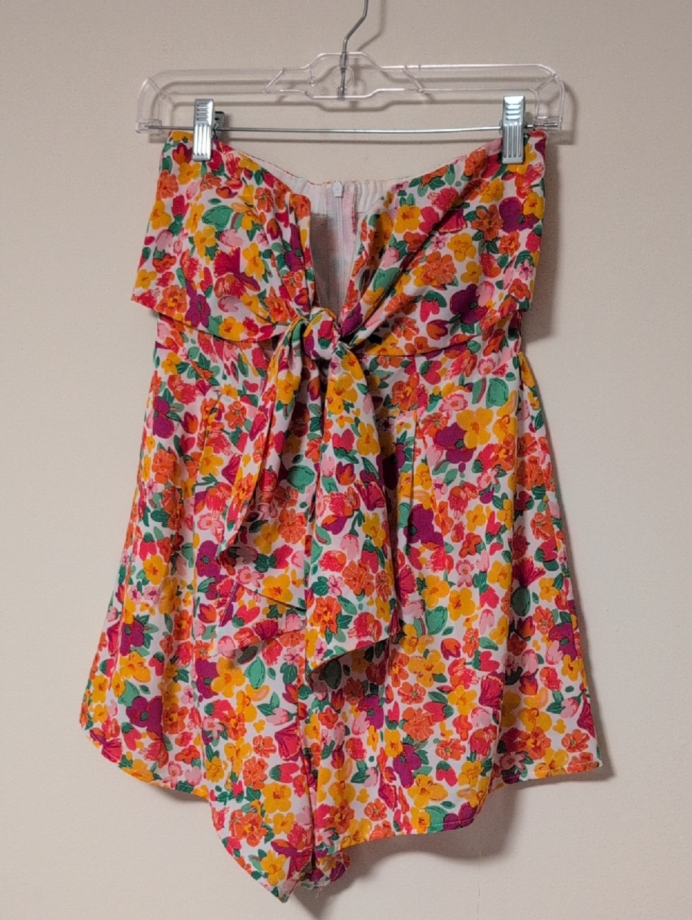Pink Lily Strapless Tie-Front Floral Romper in Pink, Yellow & Green
